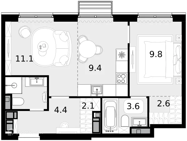 Планировка 2 комн. в ЖК "Новая Звезда-2"