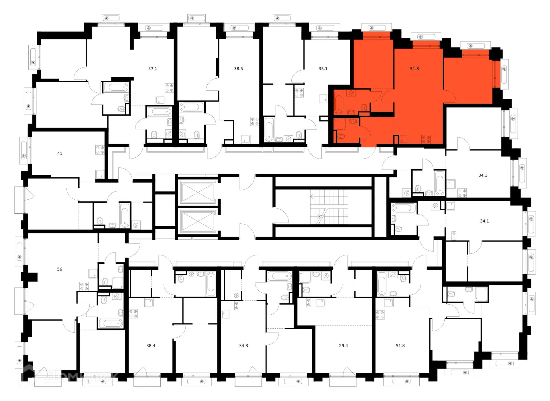 Планировка 2-комнатной квартиры 51.8 м² в ЖК Середневский лес, г. Москва — фото 2
