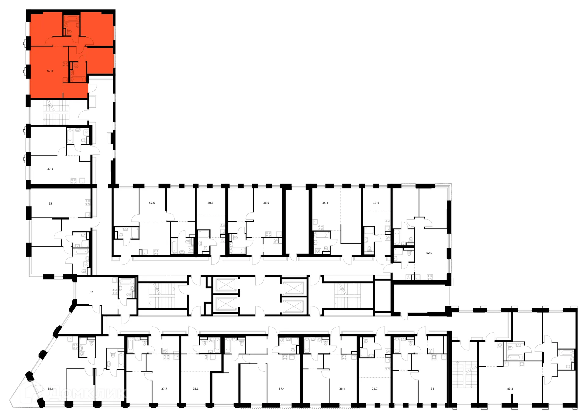 Планировка 3-комнатной квартиры 67.8 м² в ЖК Москворечье, г. Москва — фото 3