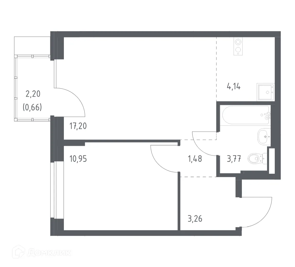 Планировка 1-комнатной квартиры 41.46 м² в ЖК Подольские кварталы, г. Москва — фото 1