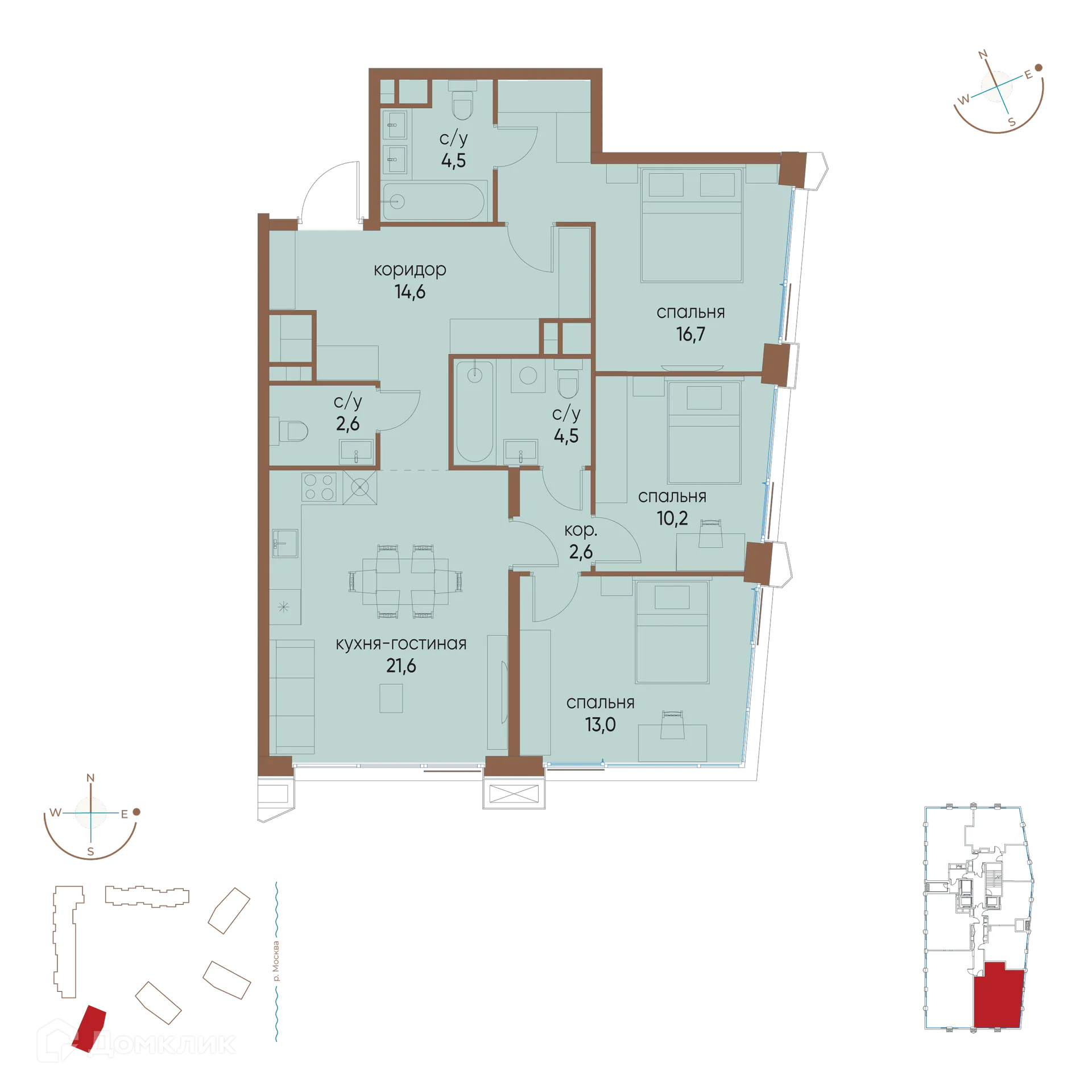 Планировка 3-комнатной квартиры 90.3 м² в ЖК "Остров", г. Москва — фото 1