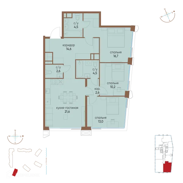 Планировка 3 комн. в ЖК "Остров"