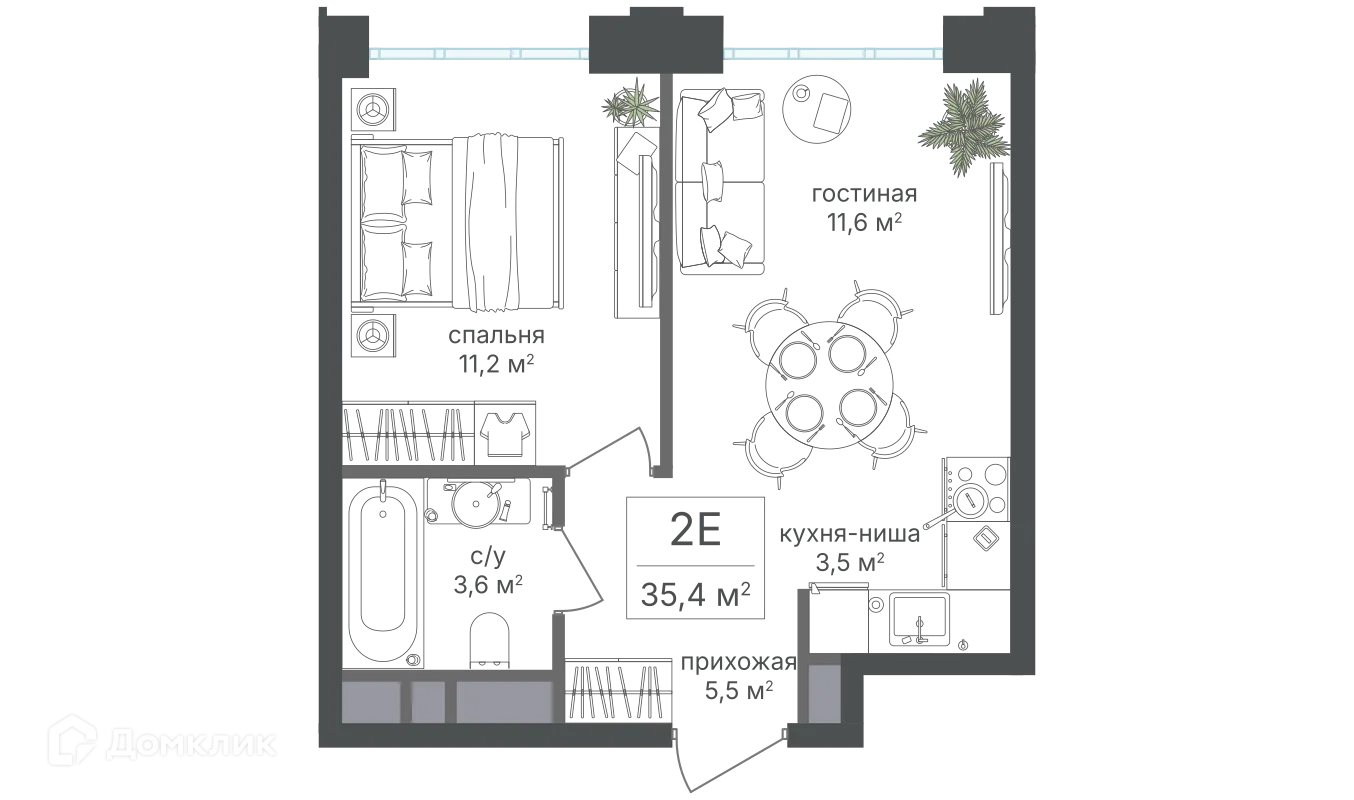 Планировка 2-комнатной квартиры 35.4 м² в ЖК Михалковский, г. Москва — фото 1