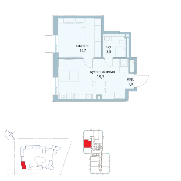 Планировка 1 комн. в ЖК "Символ"