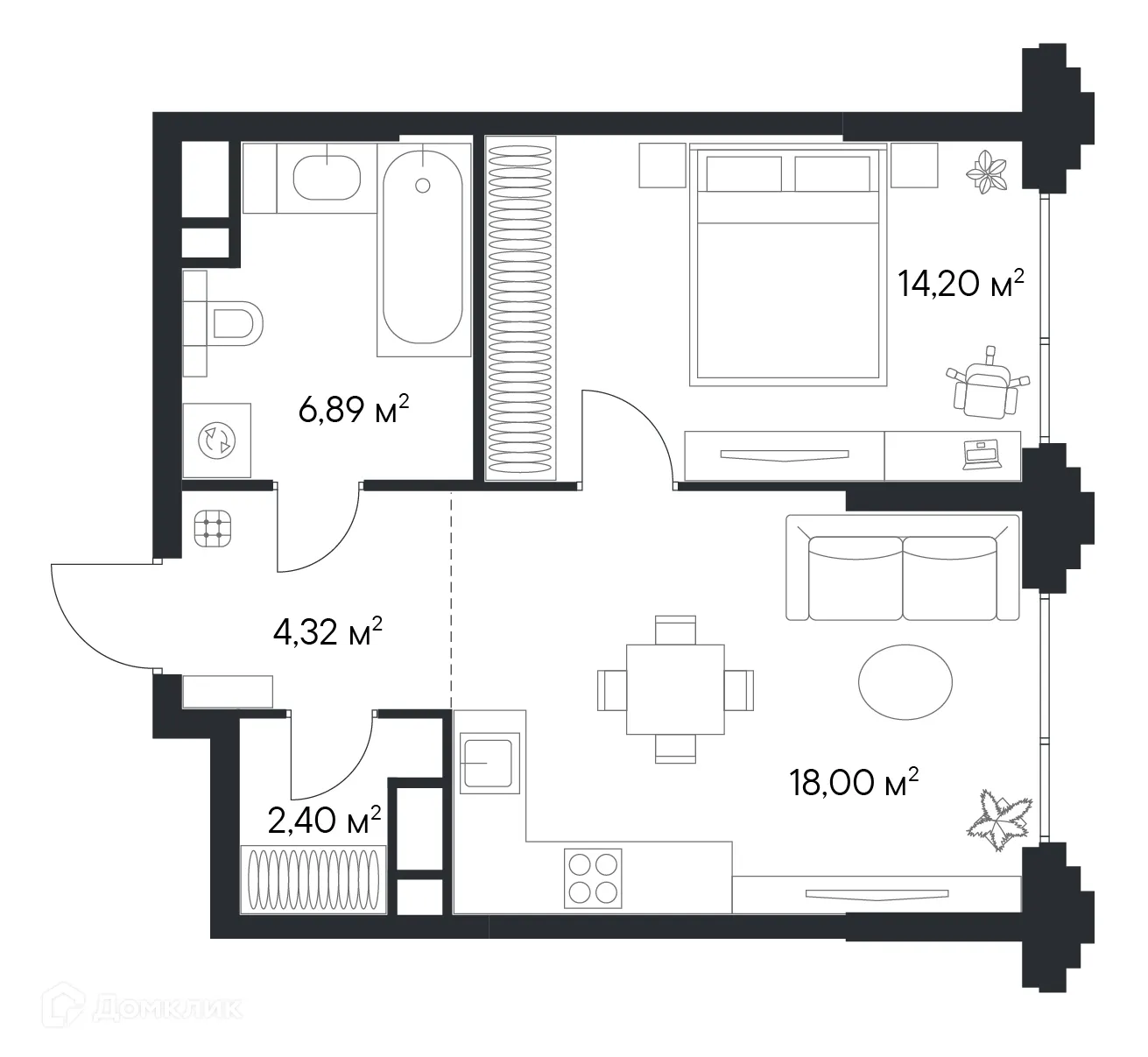 Планировка 1-комнатной квартиры 45.77 м² в ЖК «1-й Нагатинский», г. Москва — фото 1