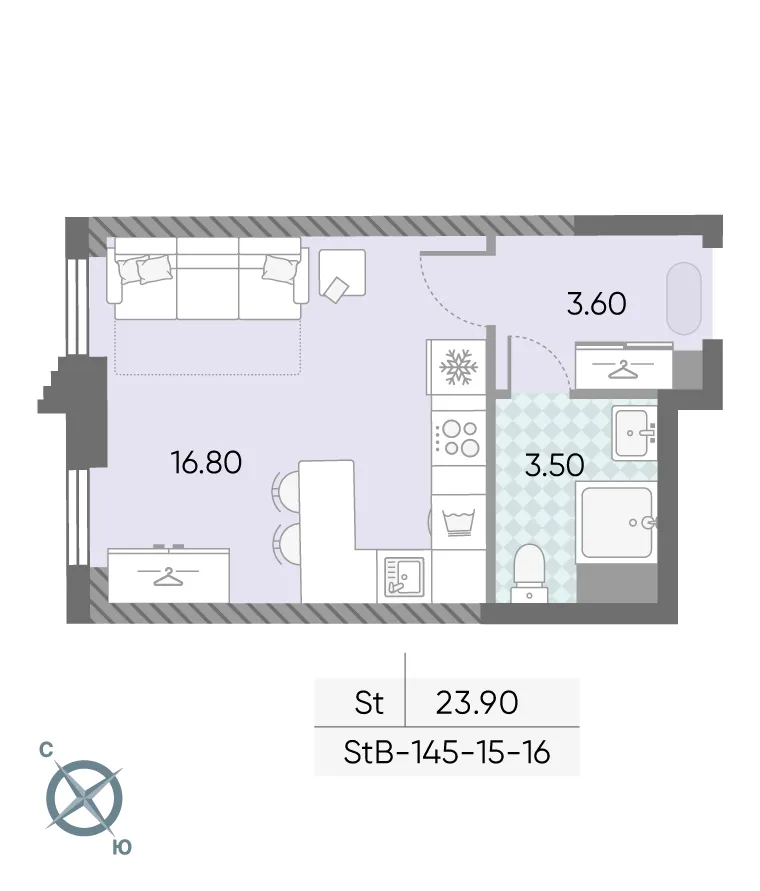 Планировка студии квартиры 23.9 м² в ЖК Обручева 30, г. Москва — фото 2