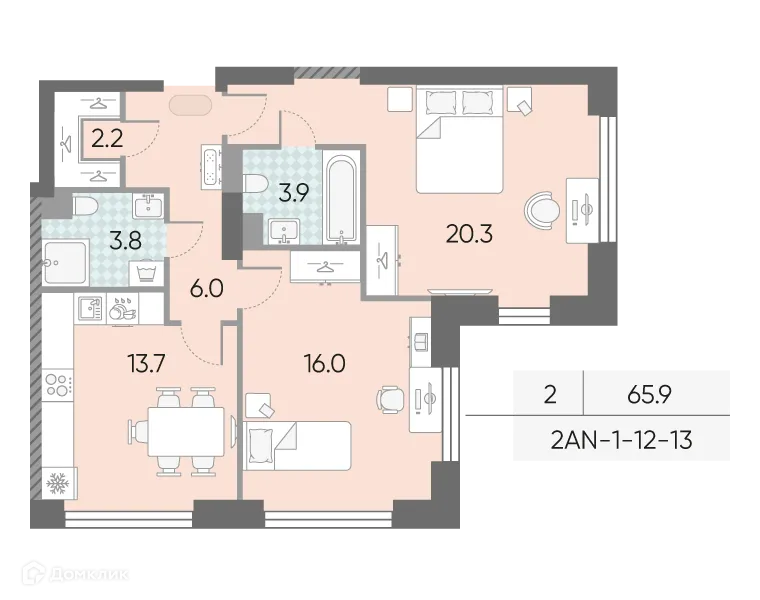 Планировка 2-комнатной квартиры 65.9 м² в ЖК "Зиларт", г. Москва — фото 2