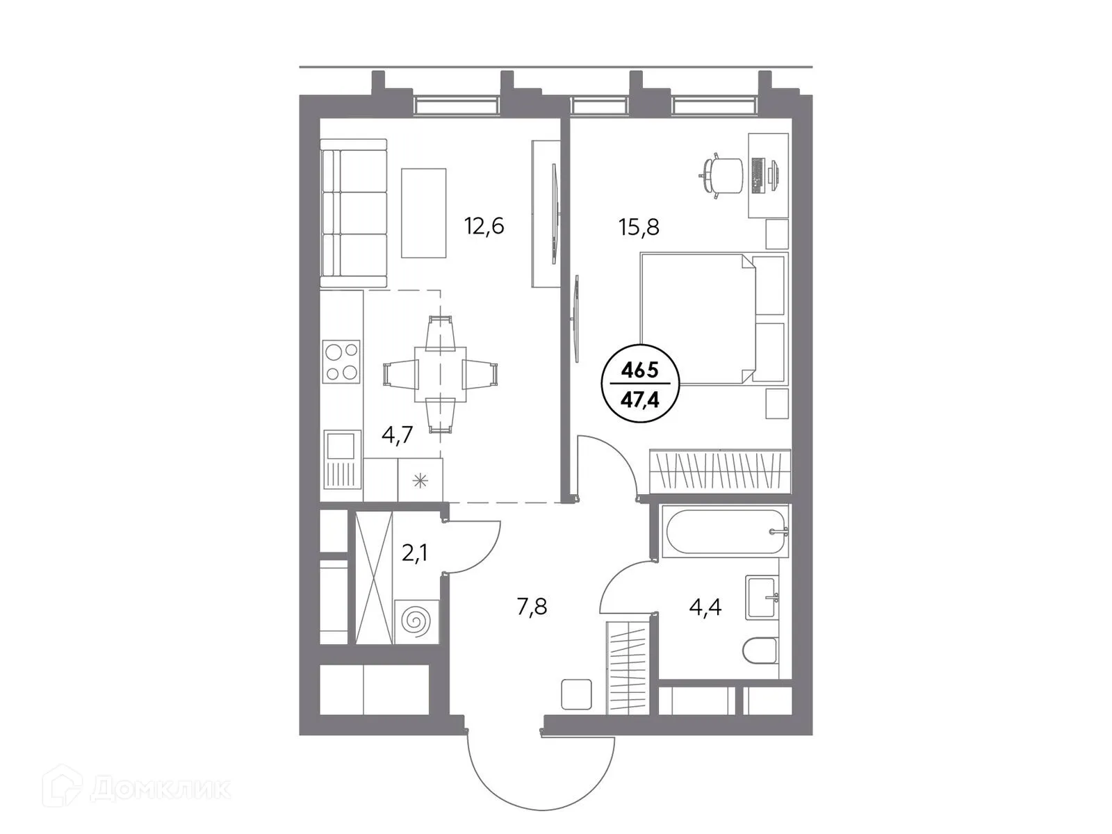 Планировка 1-комнатной квартиры 47.4 м² в ЖК "Дом 56", г. Москва — фото 3