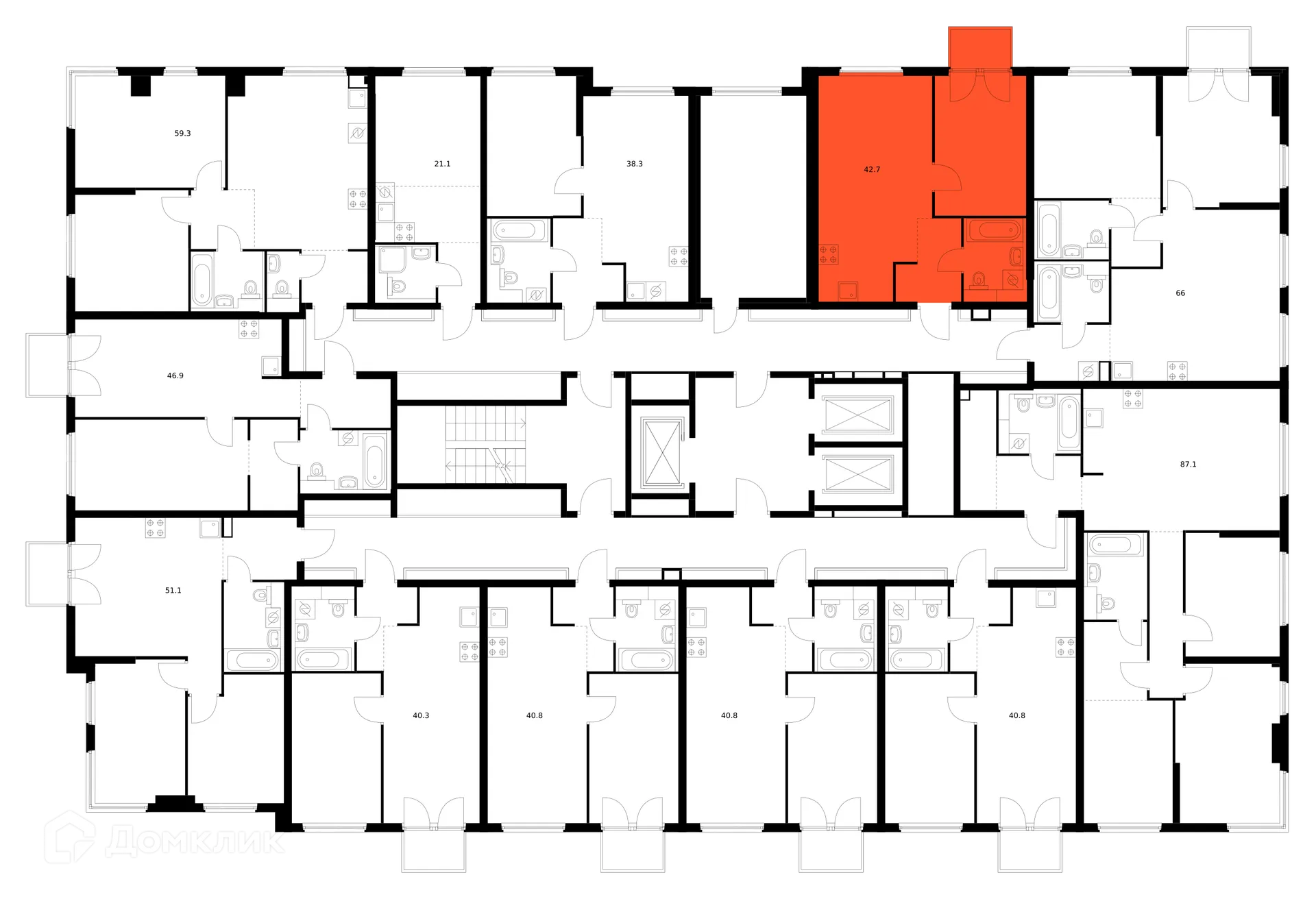 Планировка 1-комнатной квартиры 42.7 м² в ЖК Кронштадтский 9, г. Москва — фото 3