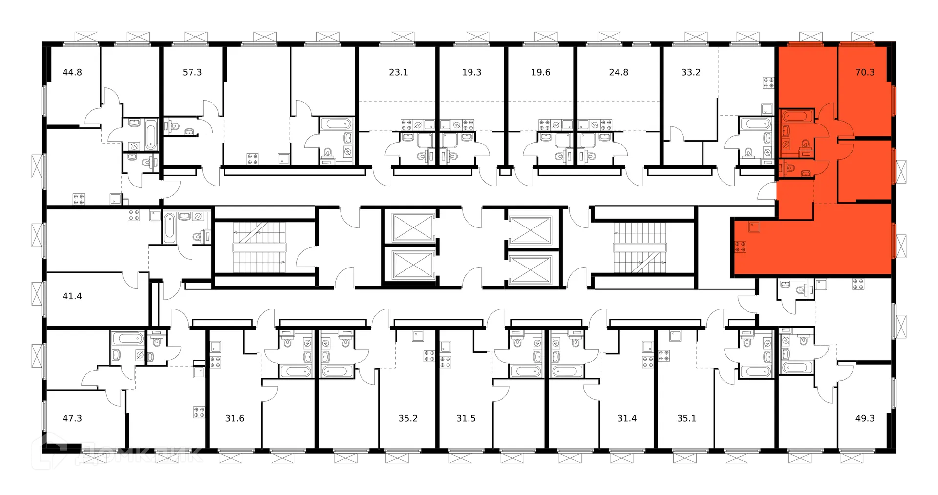 Планировка 3-комнатной квартиры 70.3 м² в ЖК Первый Дубровский, г. Москва — фото 2