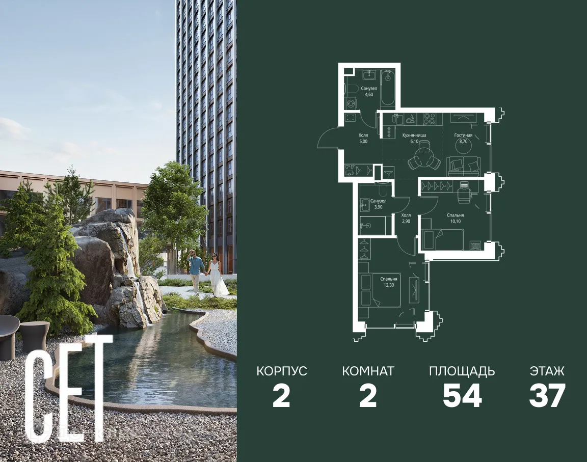 Планировка 2-комнатной квартиры 54 м² в ЖК SET (СEТ), г. Москва — фото 1