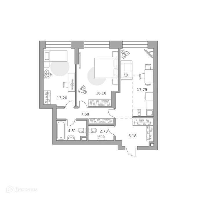 Планировка 2-комнатной квартиры 68.15 м² в ЖК MYPRIORITY Paveletskaya (МАЙПРИОРИТИ Павелецкая), г. Москва — фото 1