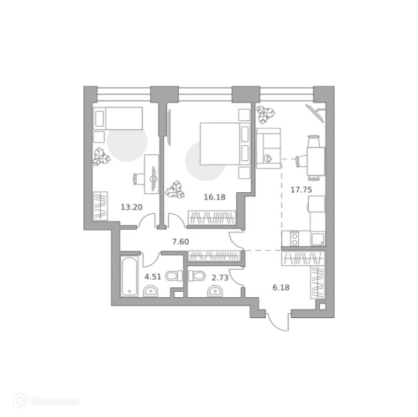 Планировка 2 комн. в ЖК MYPRIORITY Paveletskaya (МАЙПРИОРИТИ Павелецкая)