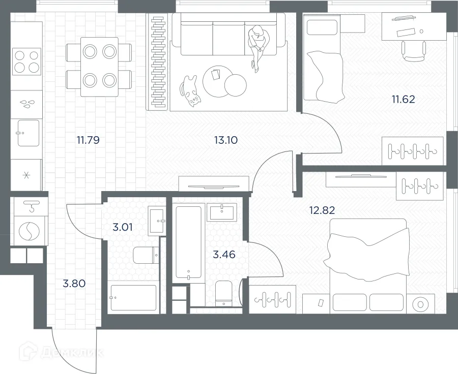 Планировка 2-комнатной квартиры 59.6 м² в ЖК TATE (Тейт), г. Москва — фото 2