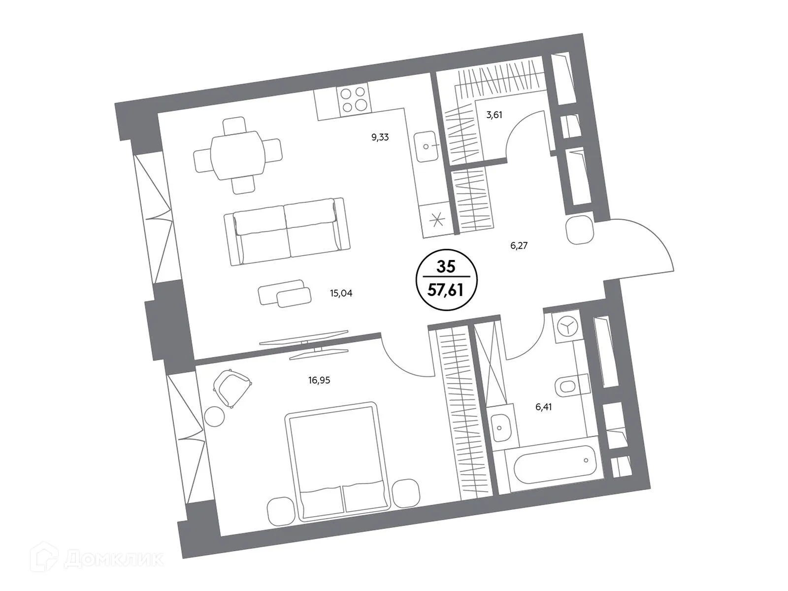 Планировка 1-комнатной квартиры 57.7 м² в ЖК Космо 4/22, г. Москва — фото 3