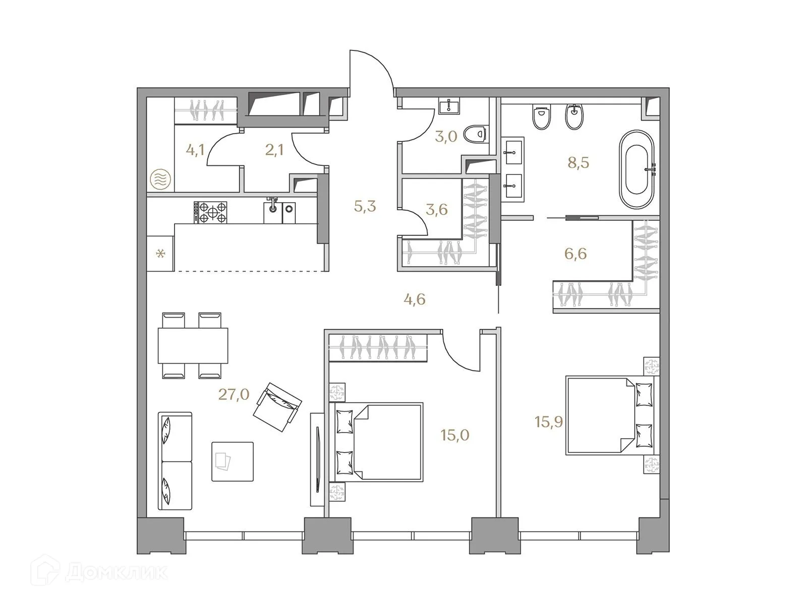 Планировка 2-комнатной квартиры 95.7 м² в ЖК «Luzhniki Collection (Коллекция Лужники)», г. Москва — фото 1