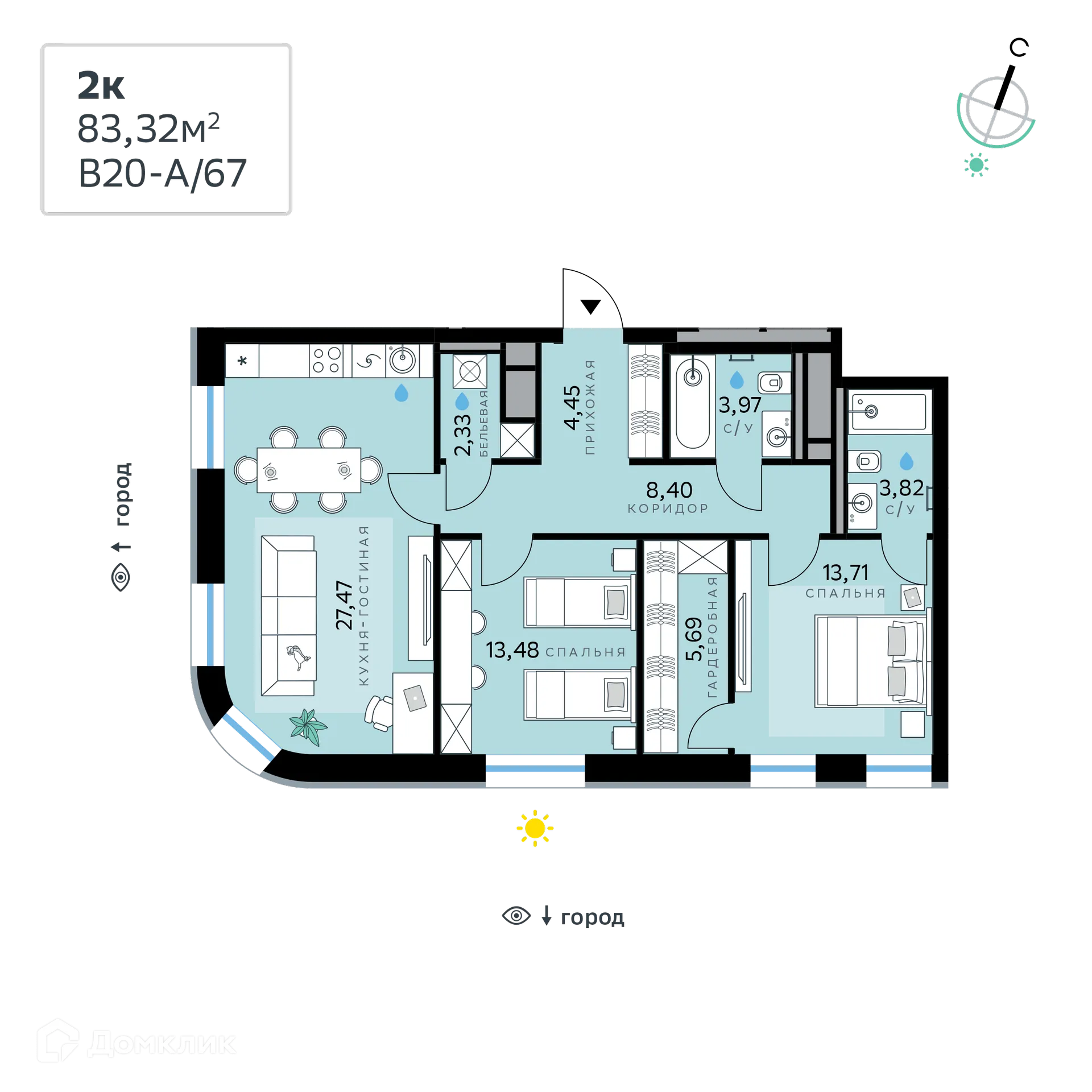 Планировка 2-комнатной квартиры 83.32 м² в СберСити - квартал В20, г. Москва — фото 1