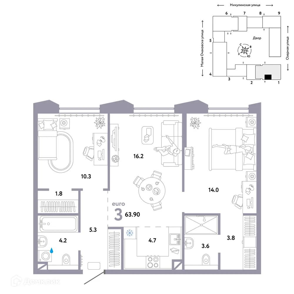 Планировка 3-комнатной квартиры 63.9 м² в ЖК Страна.Озерная, г. Москва — фото 1