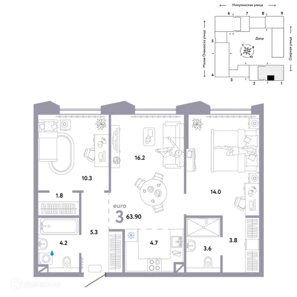 Планировка 3 комн. в ЖК Страна.Озерная