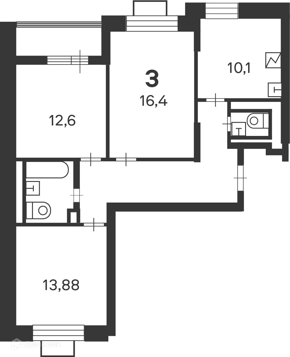 Планировка 3-комнатной квартиры 71.9 м² в Кедрова ул., д. 16, к. 3 (Московские кварталы), г. Москва — фото 1