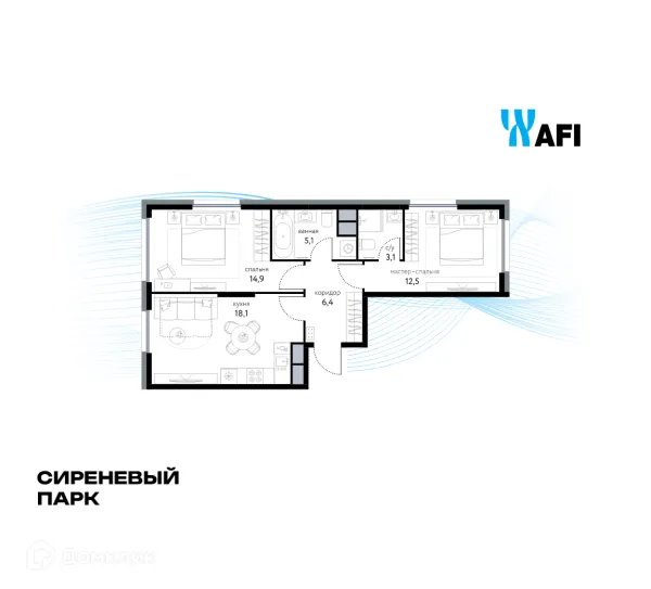 Планировка 2 комн. в ЖК "Сиреневый парк"