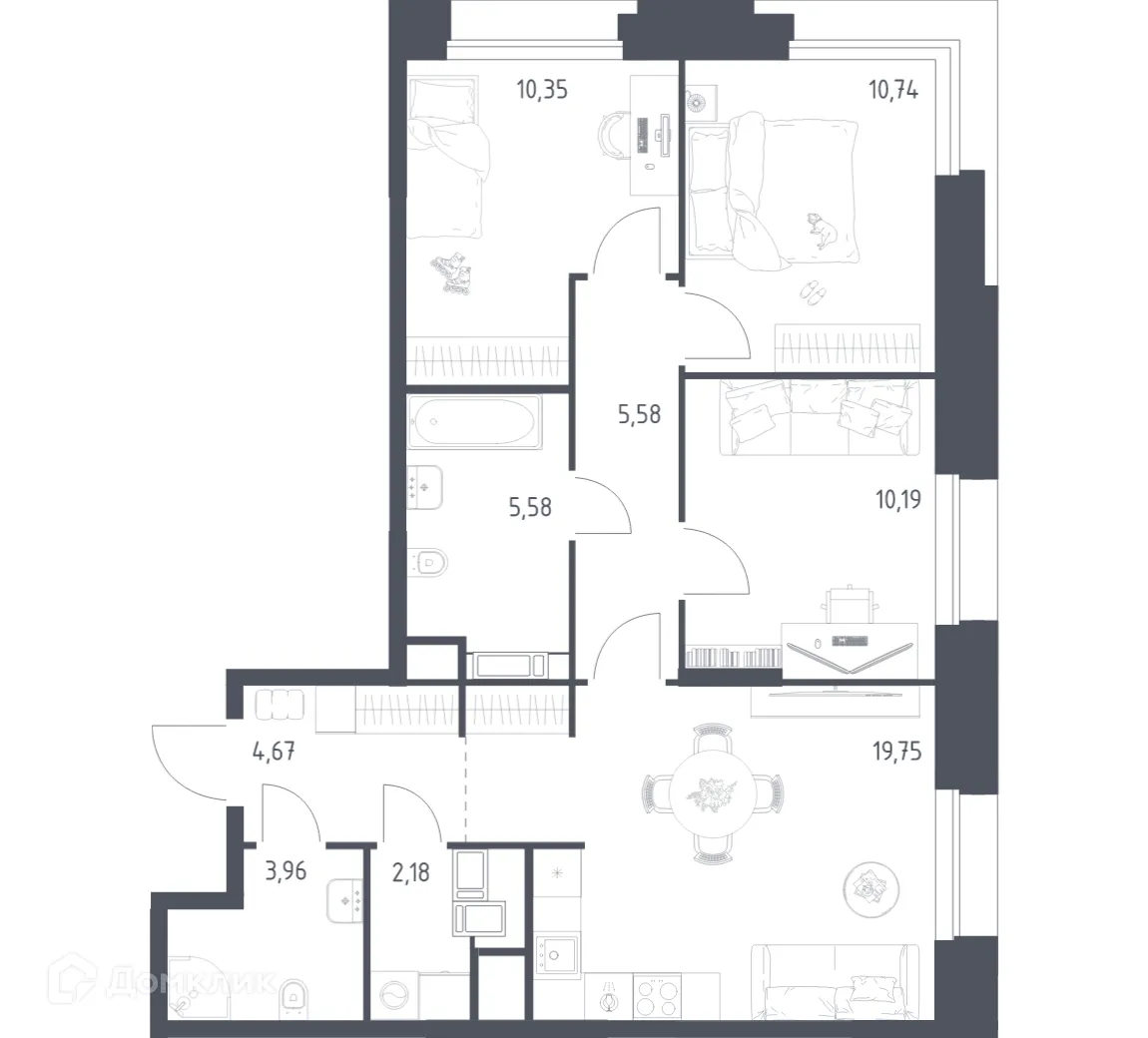 Планировка 3-комнатной квартиры 73 м² в МФК Тропарево Парк, г. Москва — фото 1