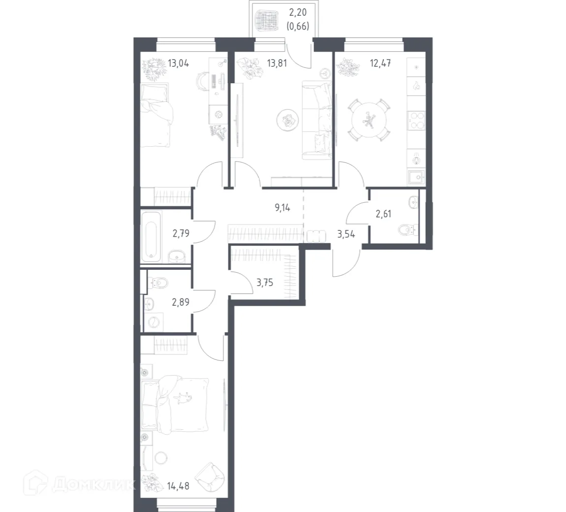 Планировка 3-комнатной квартиры 79.18 м² в ЖК Подольские кварталы, г. Москва — фото 1