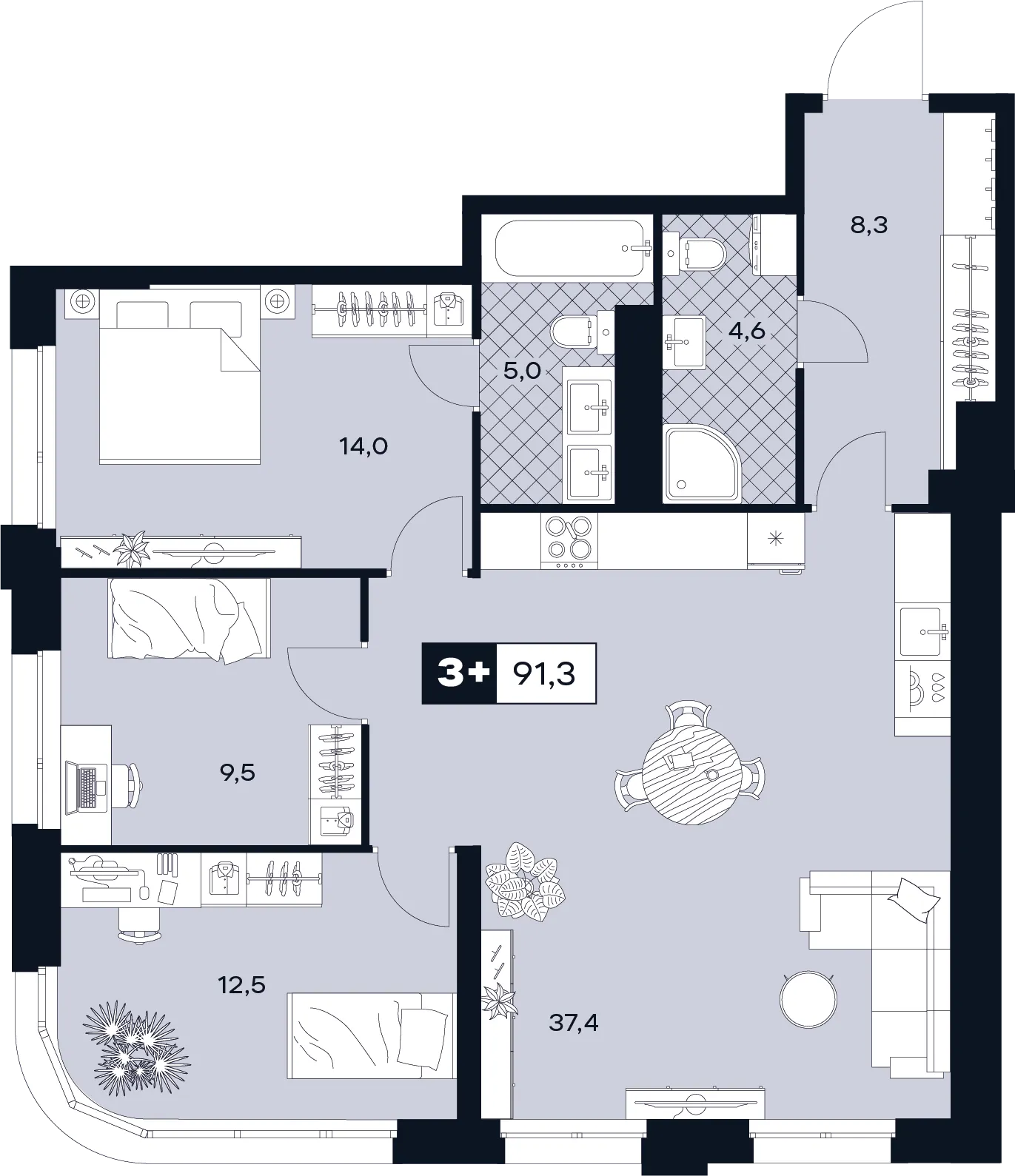 Планировка 3-комнатной квартиры 91.3 м² в ЮТУ, г. Москва — фото 1