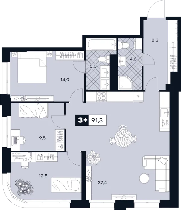 Планировка 3 комн. в ЮТУ