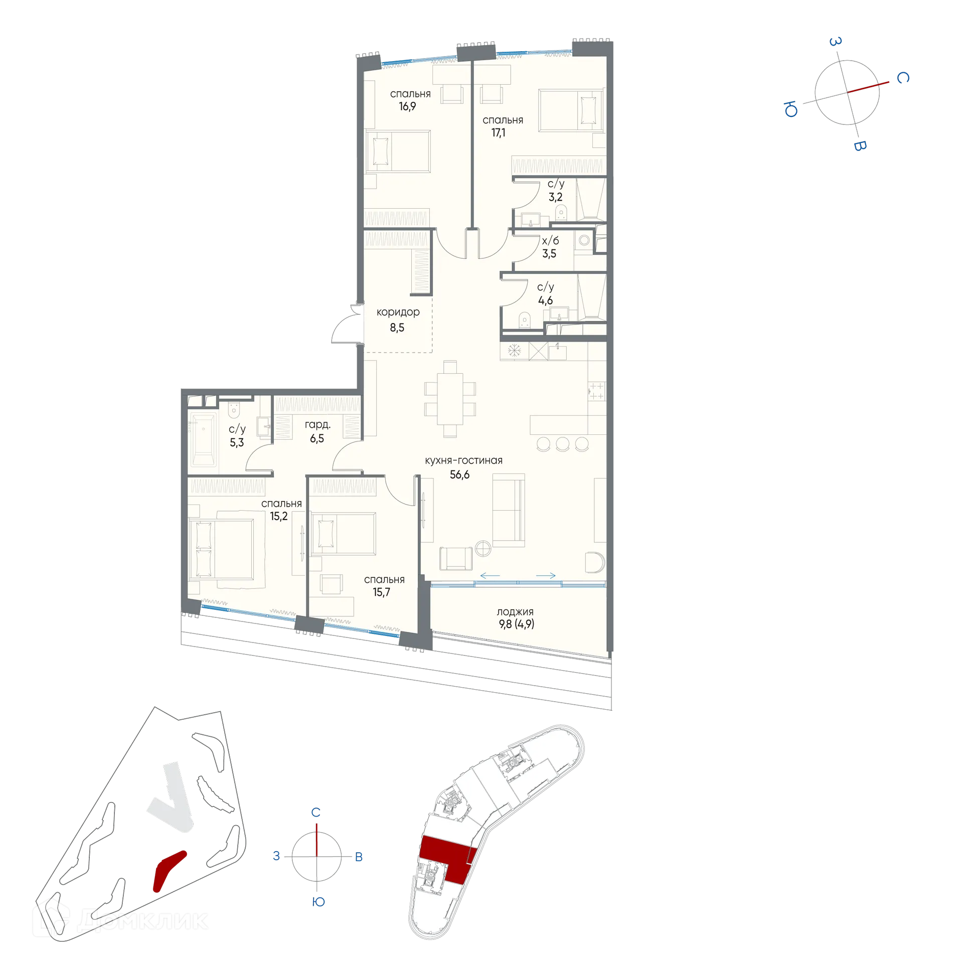 Планировка 4-комнатной квартиры 158 м² в ЖК "Остров", г. Москва — фото 1