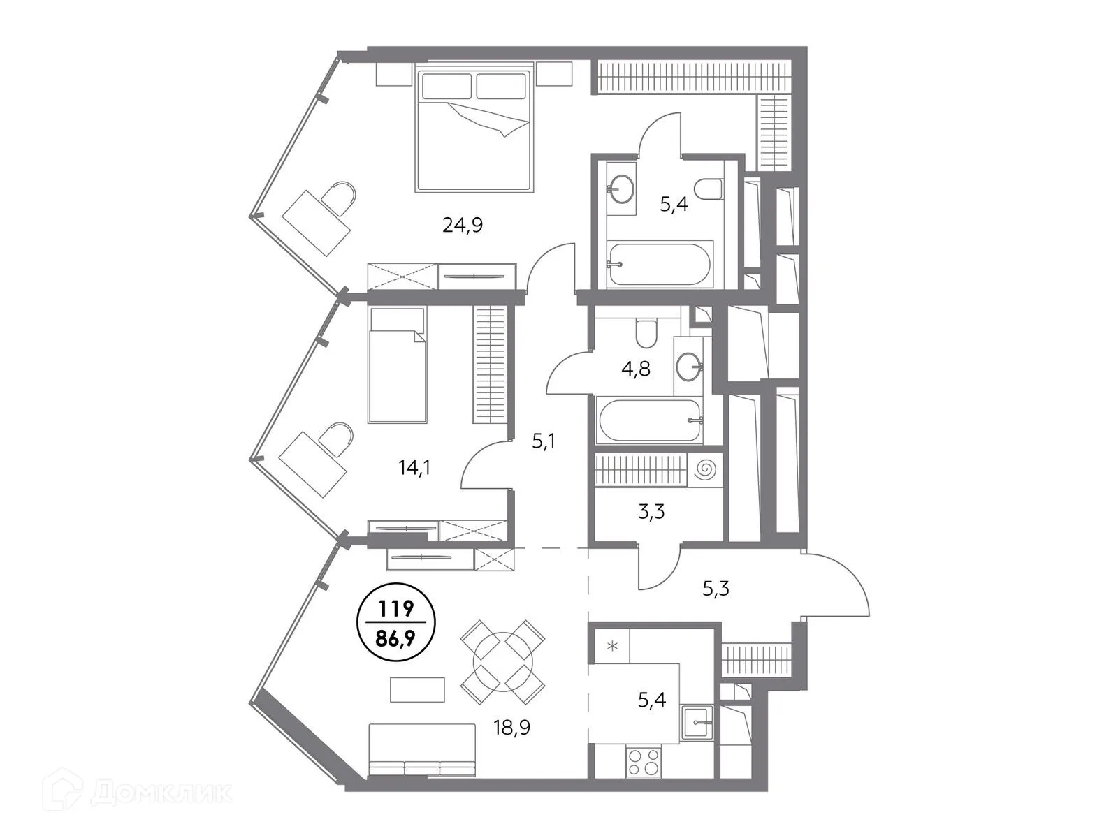 Планировка 2-комнатной квартиры 86.9 м² в ЖК МОНБЛАН, г. Москва — фото 3