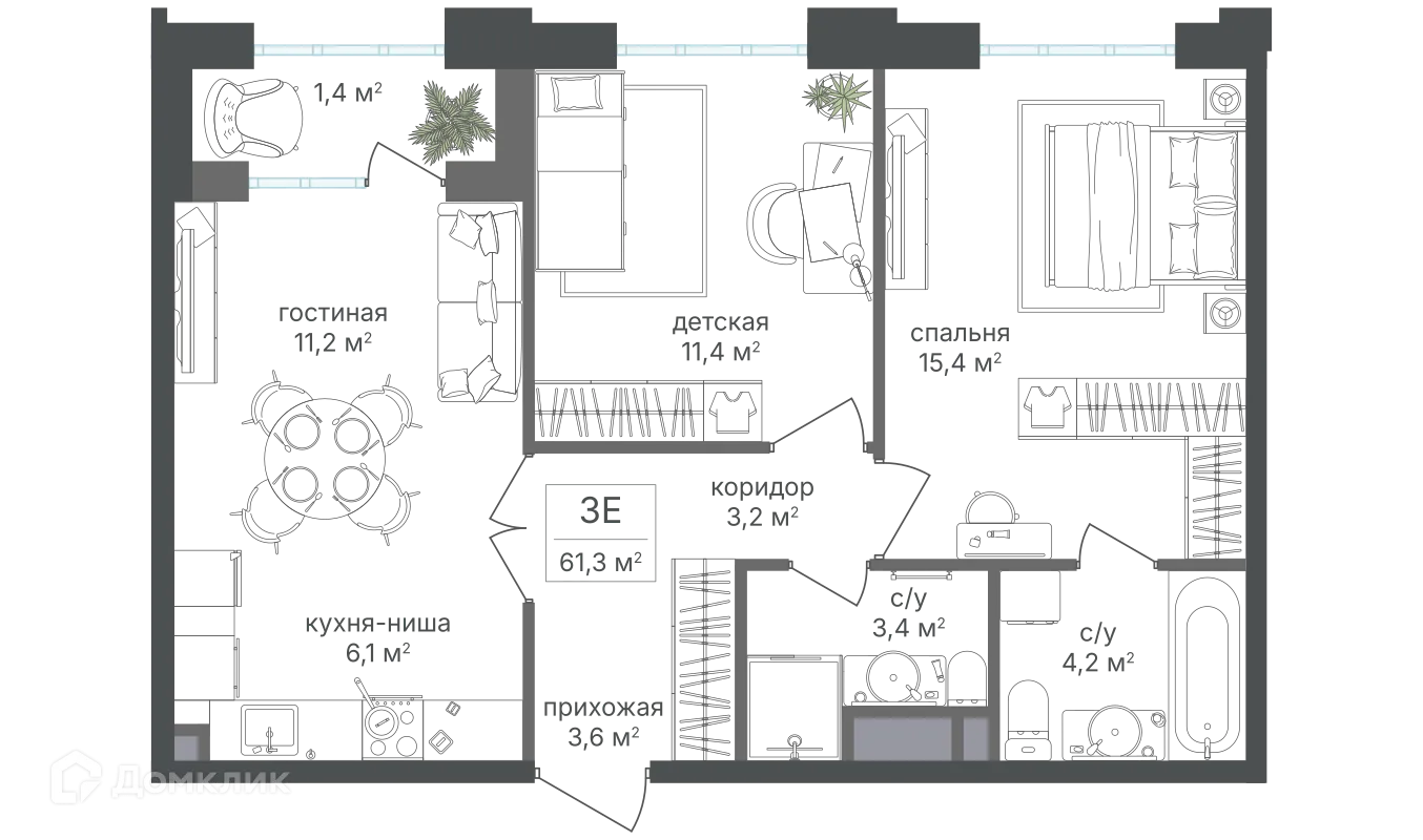 Планировка 3-комнатной квартиры 60.6 м² в ЖК Михалковский, г. Москва — фото 1