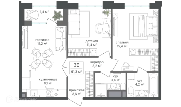 Планировка 3 комн. в ЖК Михалковский