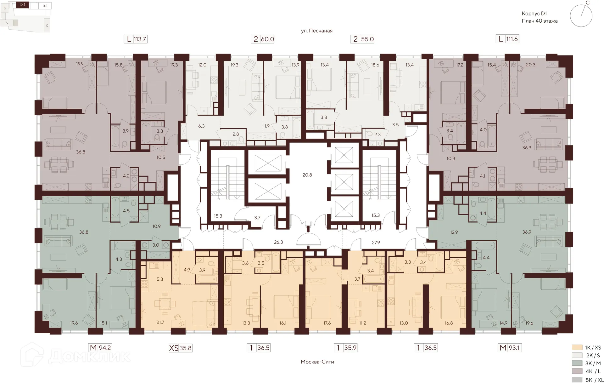 Планировка 2-комнатной квартиры 55 м² в ЖК Инди Тауэрз, г. Москва — фото 2
