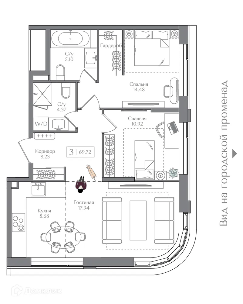 Планировка 2-комнатной квартиры 69.72 м² в ЖК Преображенская площадь, г. Москва — фото 1