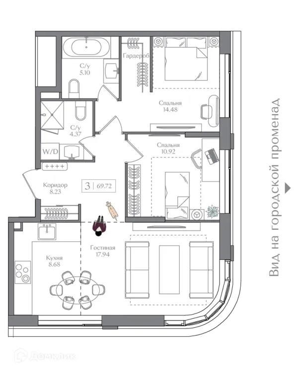 Планировка 2 комн. в ЖК Преображенская площадь