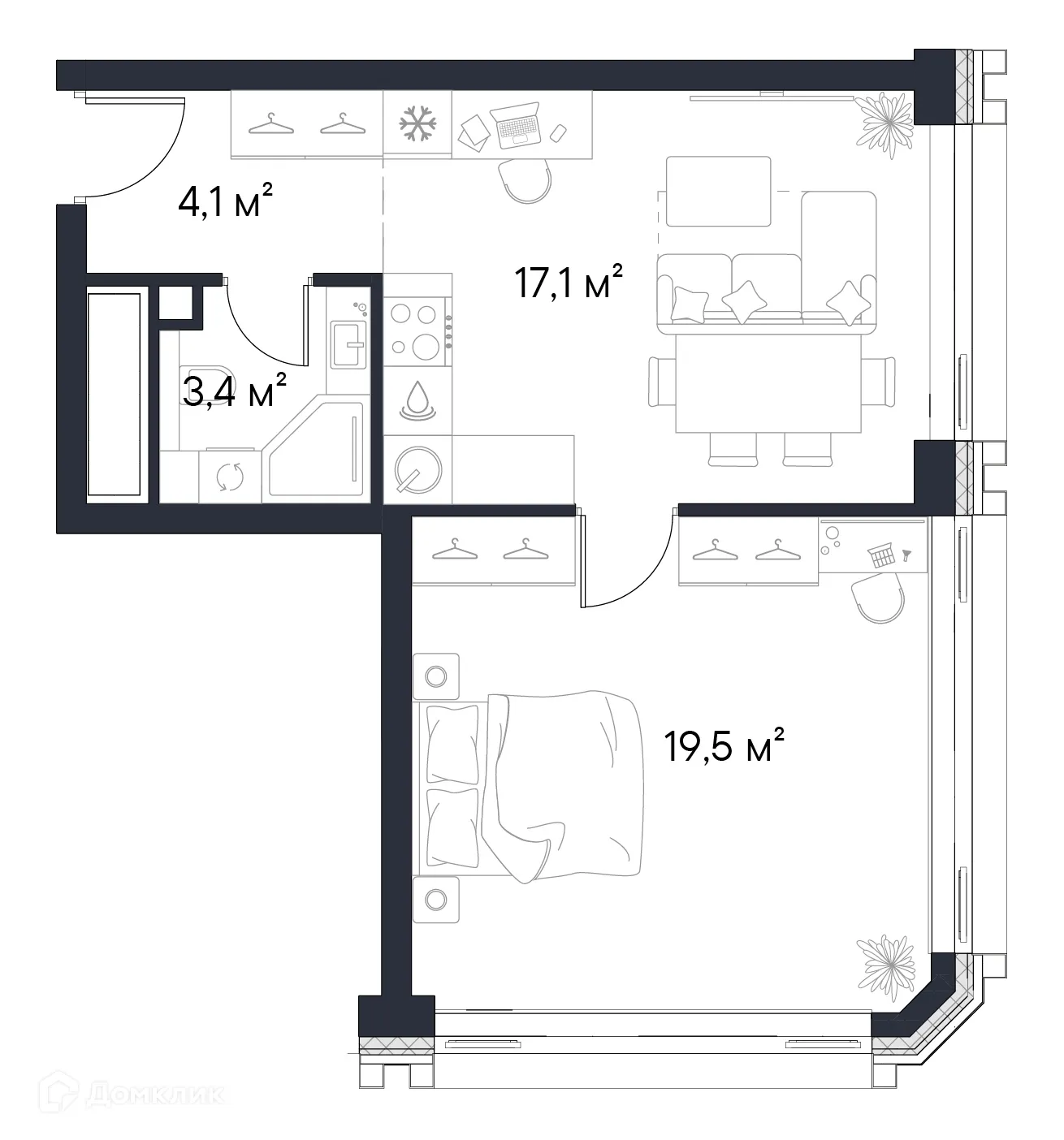 Планировка 1-комнатной квартиры 44.1 м² в ЖК «1-й Нагатинский», г. Москва — фото 1