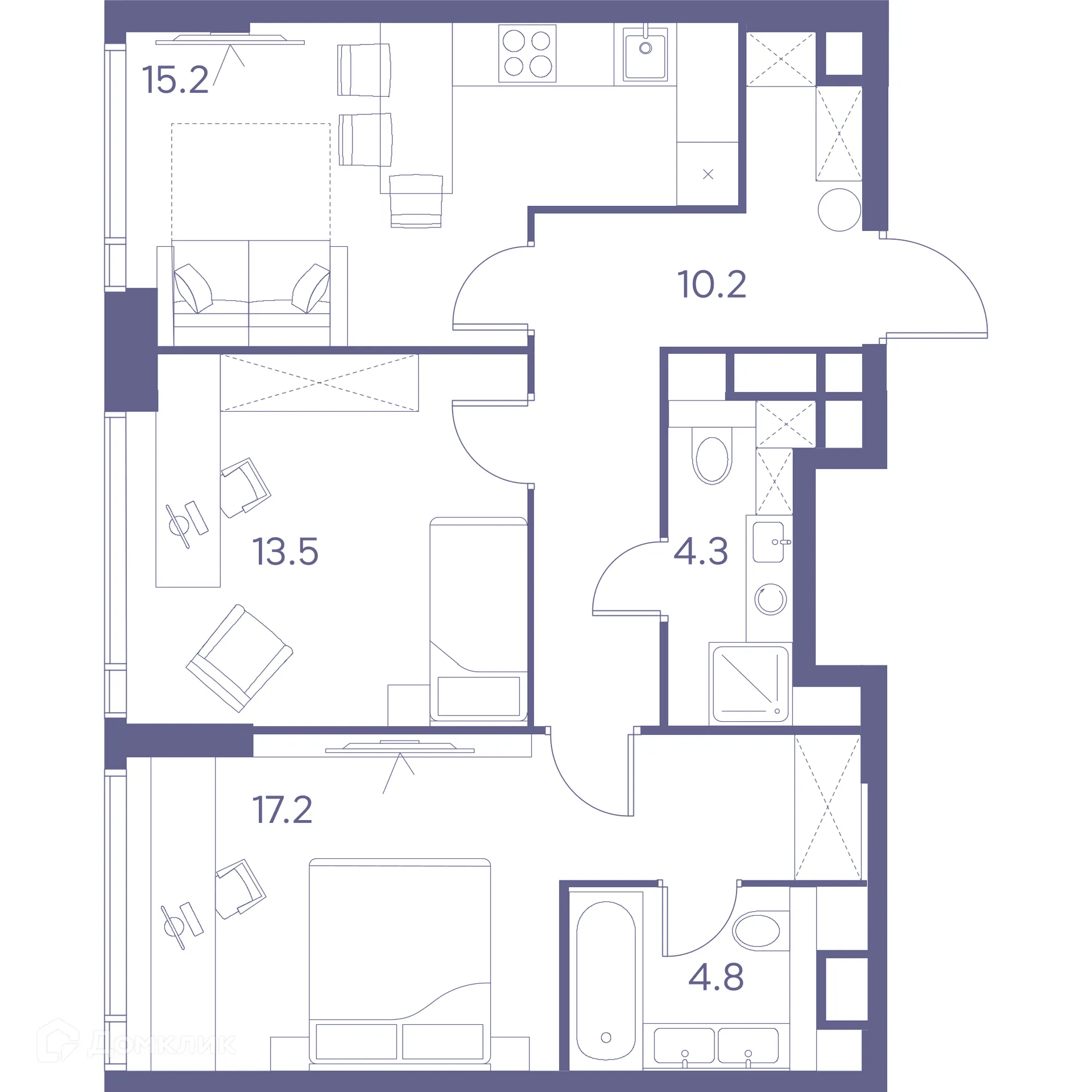 Планировка 2-комнатной квартиры 65.2 м² в Зе Лот от Аквилон, г. Москва — фото 1