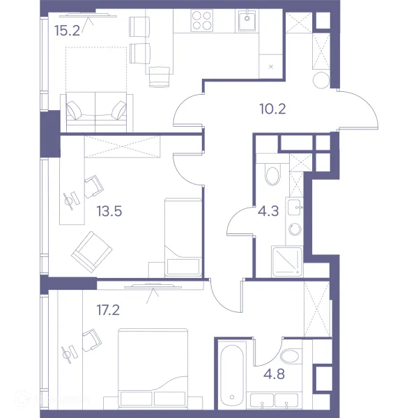 Планировка 2 комн. в Зе Лот от Аквилон