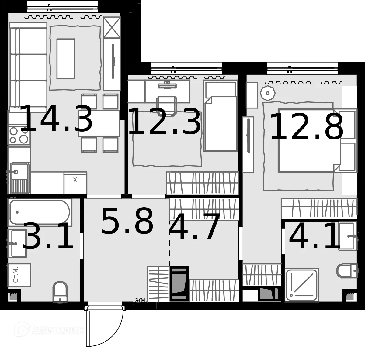 Планировка 2-комнатной квартиры 56.8 м² в ЖК Дом MALEVICH, г. Москва — фото 1