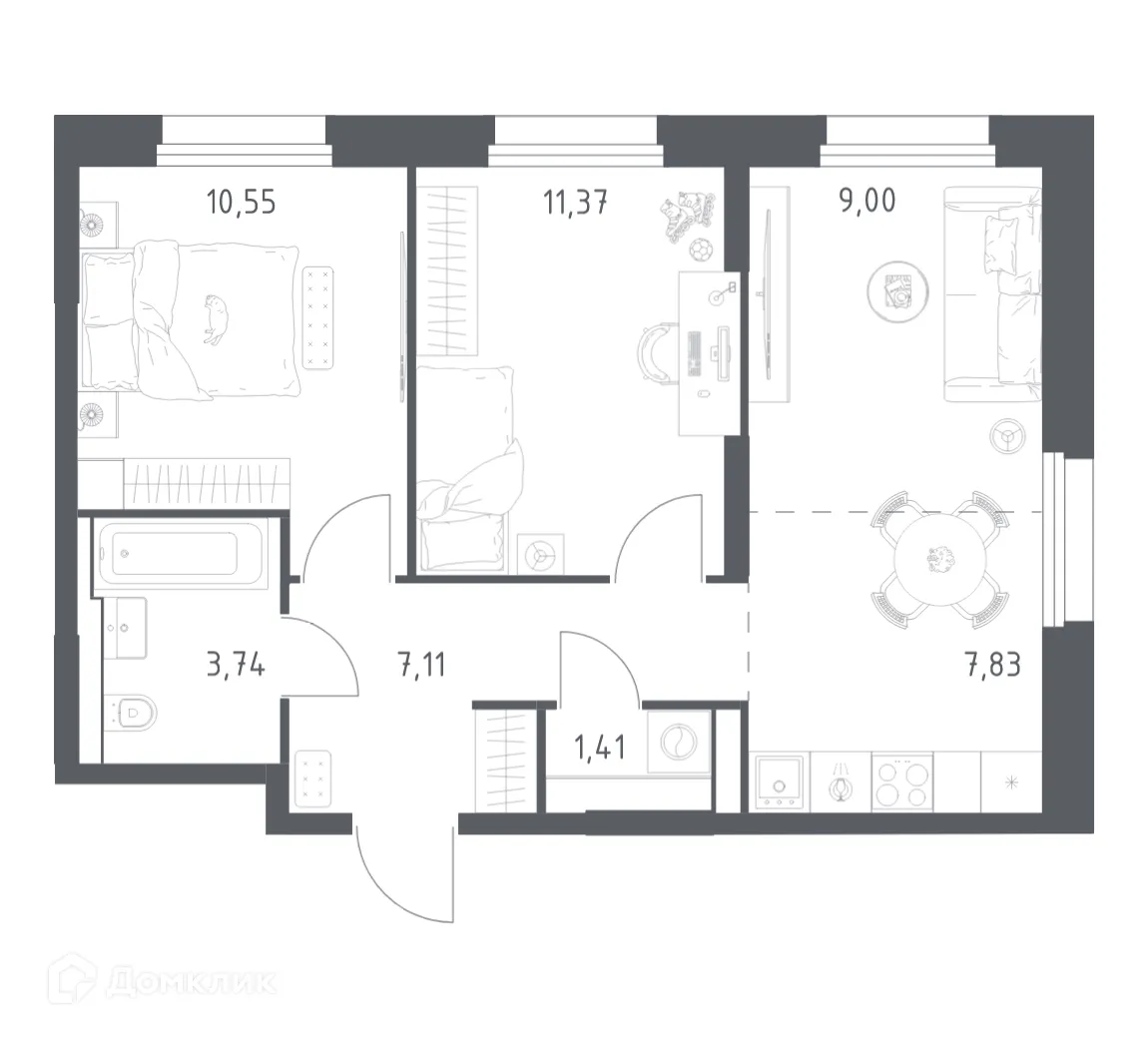 Планировка 2-комнатной квартиры 51.01 м² в ЖК Квартал Строгино, г. Москва — фото 1