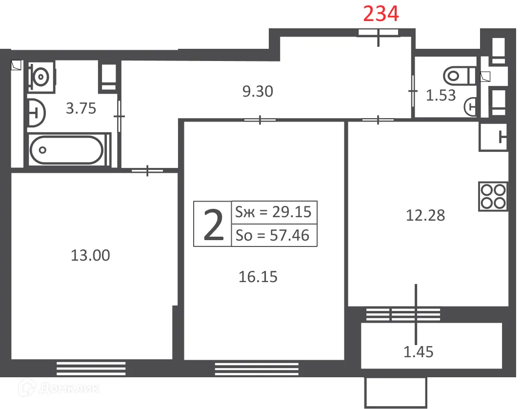 Планировка 2-комнатной квартиры 57.46 м² в 3-я Прядильная, з/у 4  (Московские кварталы), г. Москва — фото 1