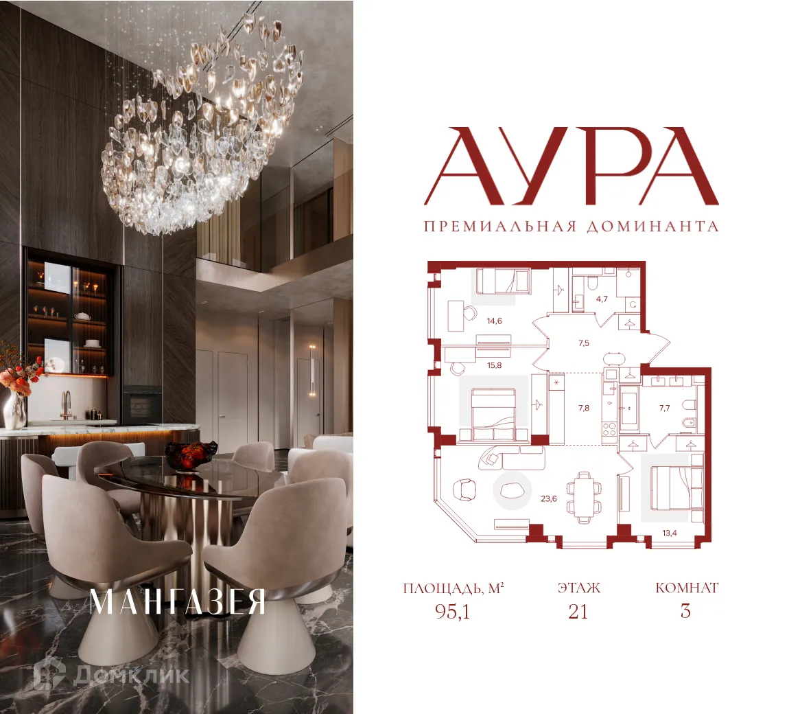 Планировка 3-комнатной квартиры 95.1 м² в ЖК Мангазея на Тульской, г. Москва — фото 1