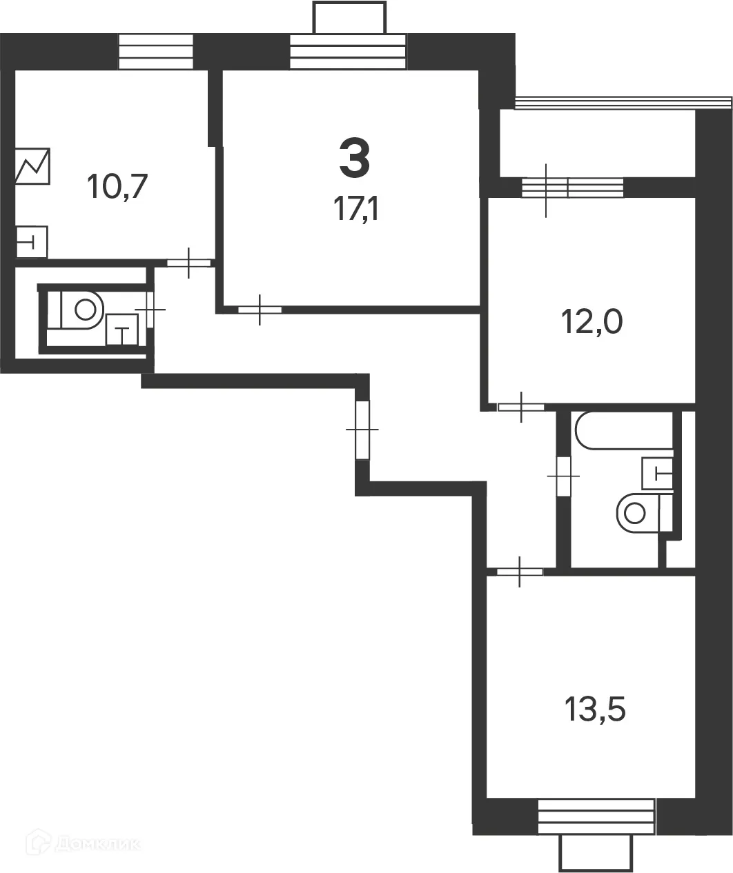 Планировка 3-комнатной квартиры 72.4 м² в Кедрова ул., д. 16, к. 3 (Московские кварталы), г. Москва — фото 1