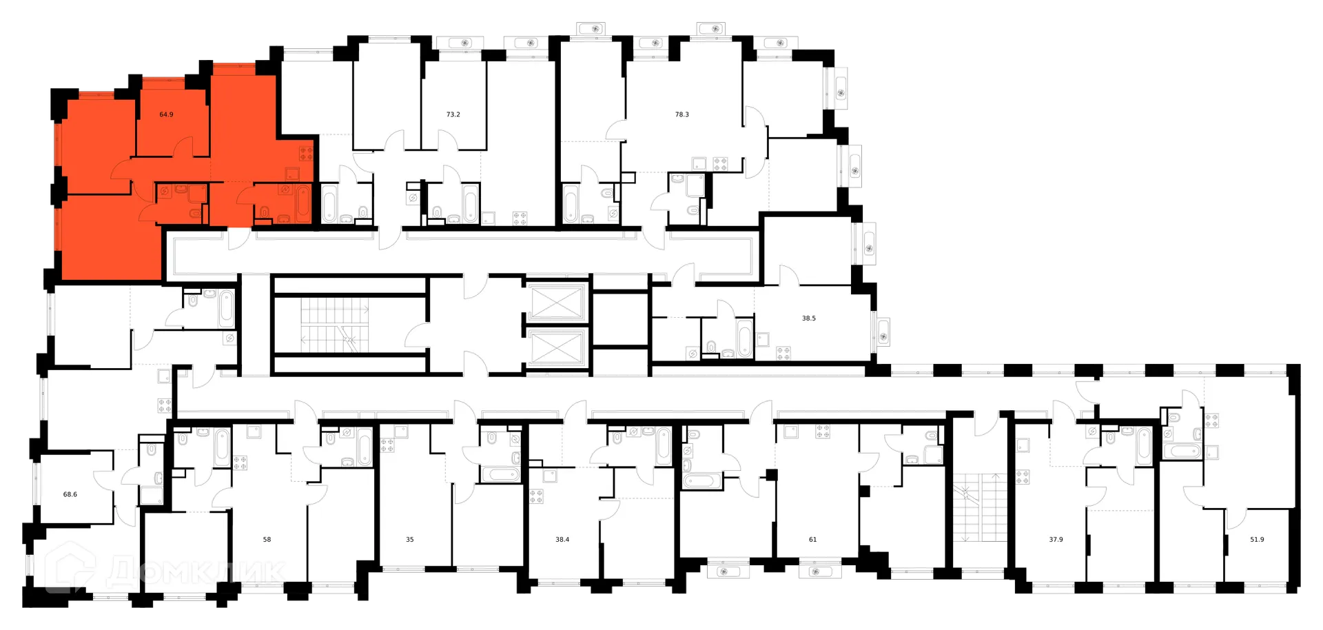 Планировка 3-комнатной квартиры 64.9 м² в ЖК Середневский лес, г. Москва — фото 2