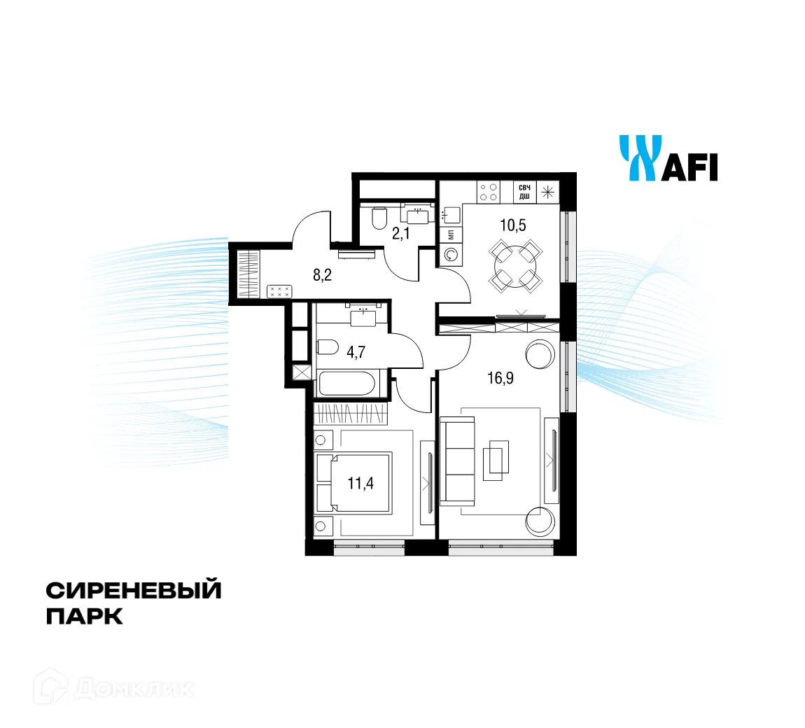 Планировка 2-комнатной квартиры 55 м² в ЖК "Сиреневый парк", г. Москва — фото 1