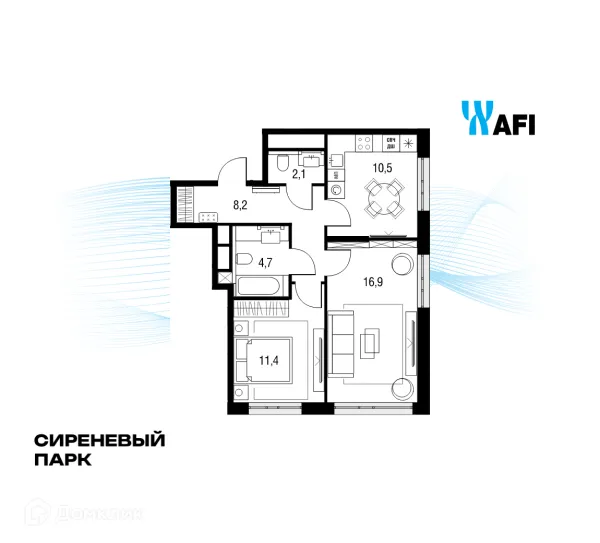 Планировка 2 комн. в ЖК "Сиреневый парк"
