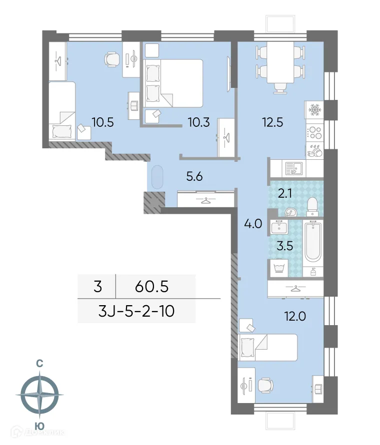Планировка 3-комнатной квартиры 60.6 м² в ЖК "Лучи", г. Москва — фото 2