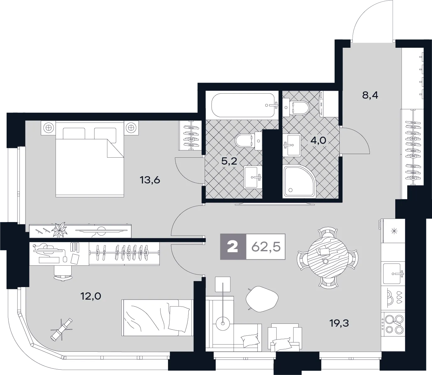 Планировка 2-комнатной квартиры 62.5 м² в ЮТУ, г. Москва — фото 1
