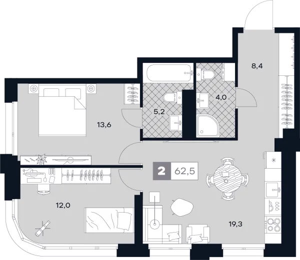 Планировка 2 комн. в ЮТУ